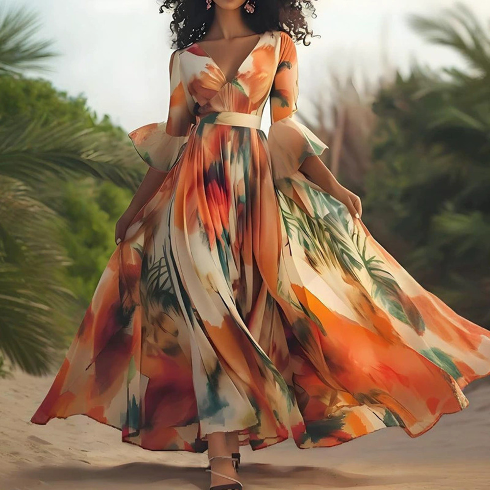 ZARA In Stock Fashion Vacation Style Flowing Flared Printed Collar Beach Dress